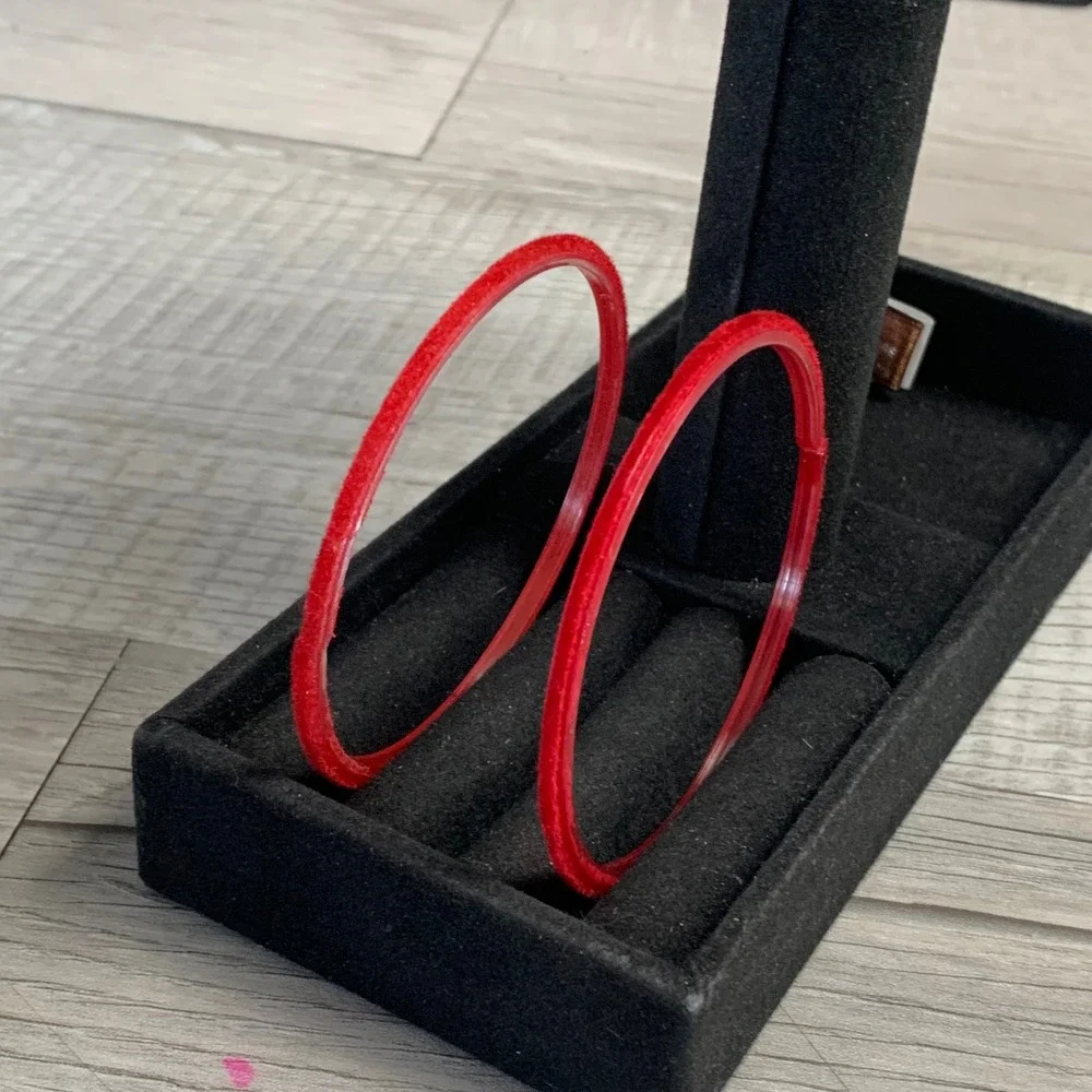 Red Flocked Velvet Bangle Bracelet Set 2 Piece Stackable Acrylic 8 Inch